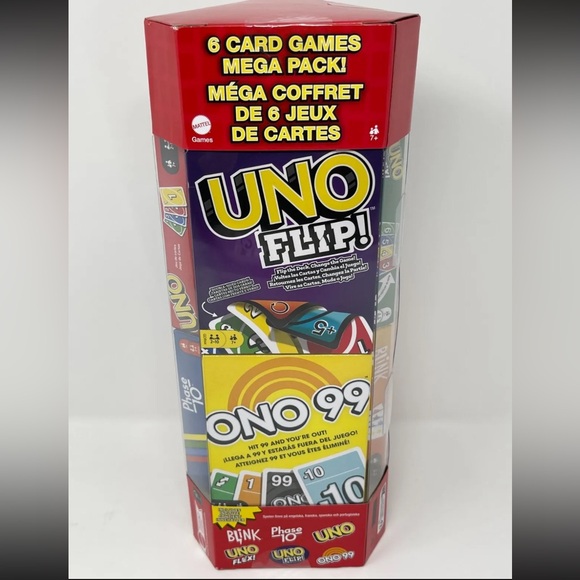 Mattel UNO Mega Pack, Flip!, Ono 99, Flex!, Phase 10, Blink, 6 Card Game - Picture 1 of 8